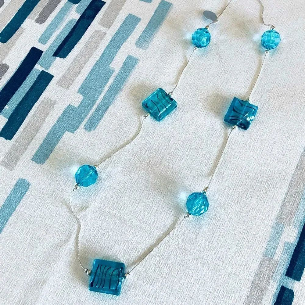 Aqua Blue Glass Bead Silver Necklace